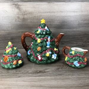 R.H Macy & CO 1996 1994 Christmas Tree Shaped Teapot Candy Jar Mug Hand Painted